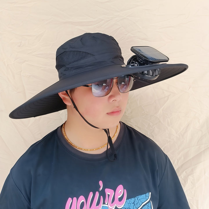 Wide-brimmed sun hat with detachable swivel solar fans and adjustable chin strap Stornfield