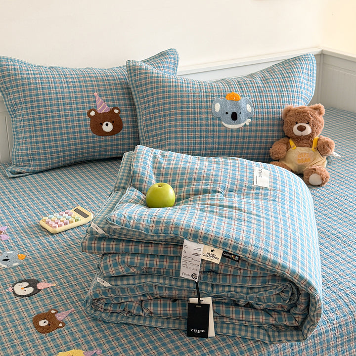 Quilted Plaid Cotton Mattress Cover and Comforter Set with Embroidered Animal Appliqué