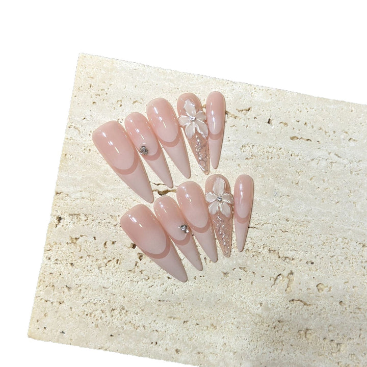 Elegant Stiletto Press-On Nail Art Set with Floral Accents Stornfield