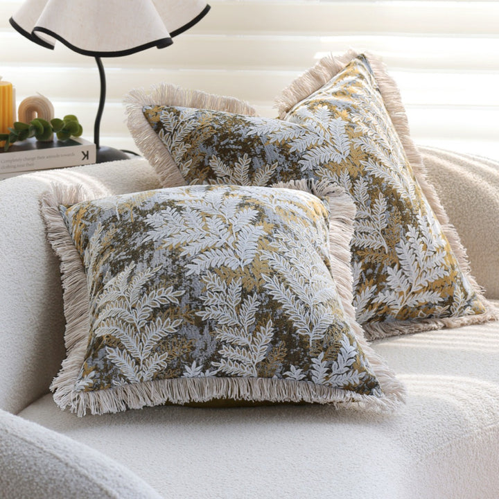 Decorative velvet cushion cover with embroidered fern jacquard and fringed edge Stornfield