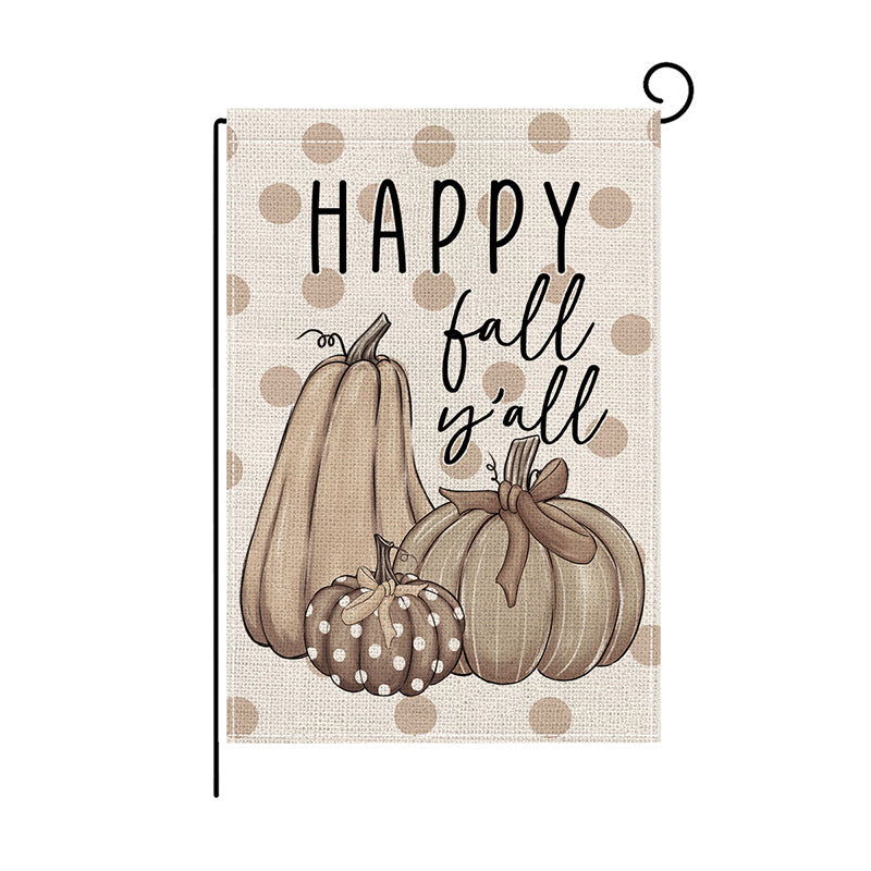 Double-Sided Burlap-Texture Autumn Garden Flag with Hand-Illustrated Pumpkins and 'Happy Fall' Typography