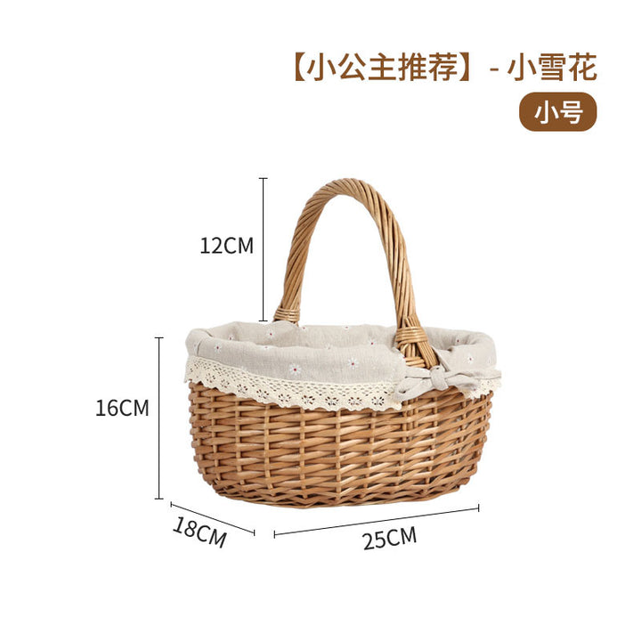 Women's braided basket with checkered fabric insert and decorative lace embellishment Stornfield