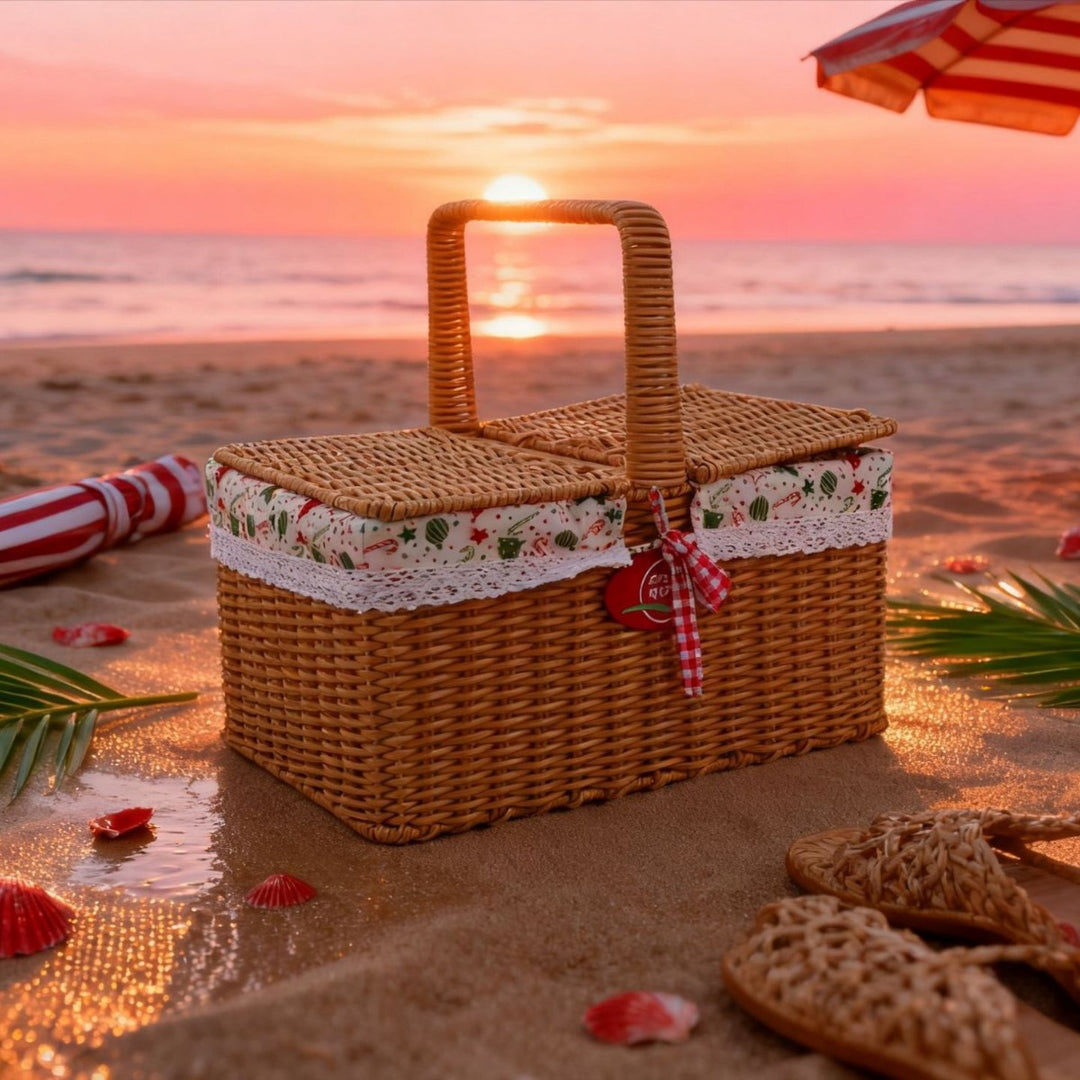 Ladies picnic basket with double compartment and decorative fabric trim Stornfield