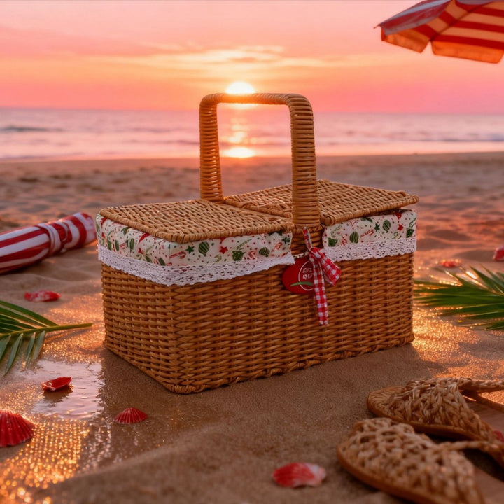 Ladies picnic basket with double compartment and decorative fabric trim Stornfield