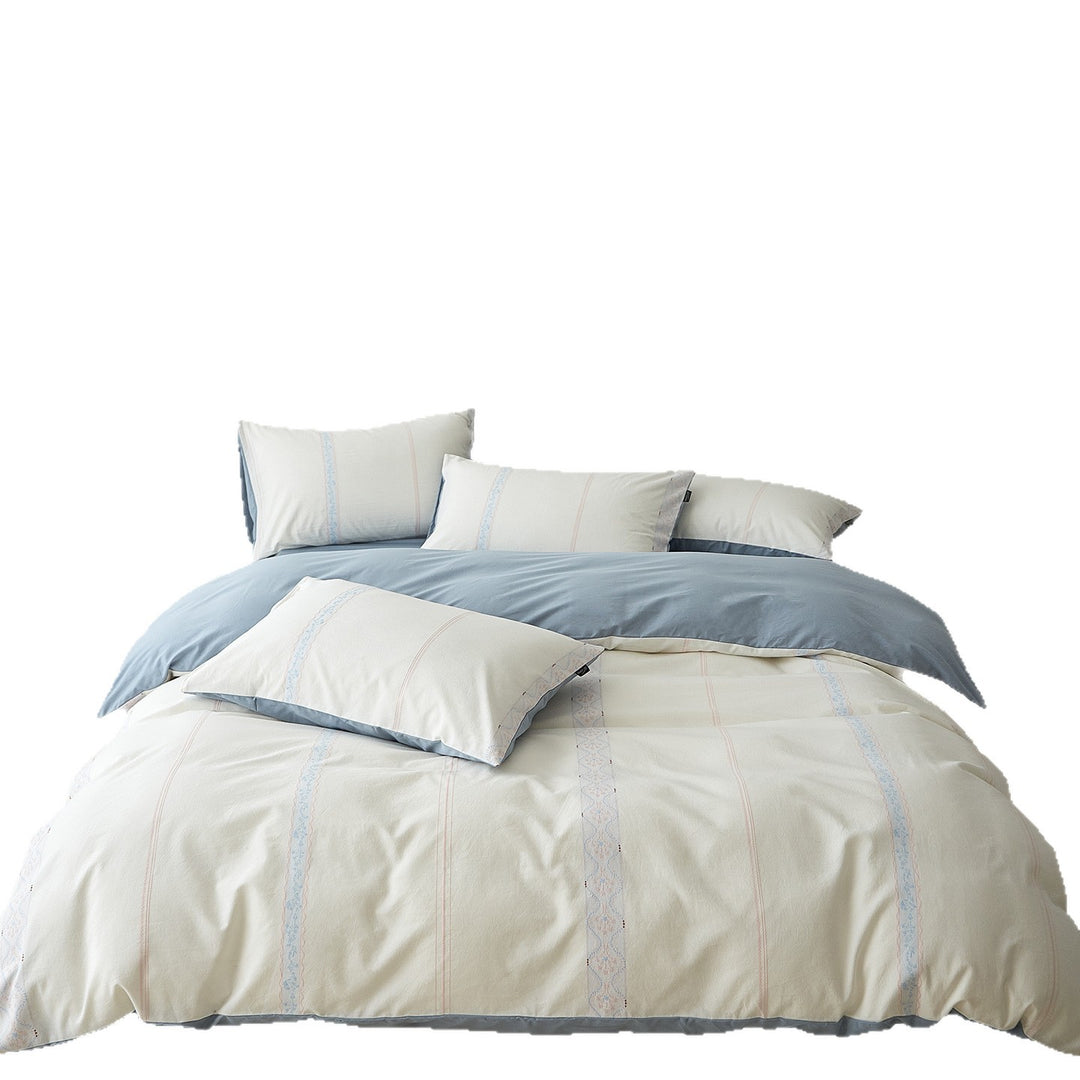 Reversible Cotton Sateen Duvet Cover Set with Soft-Brushed Finish and Embroidered Stripe Detail