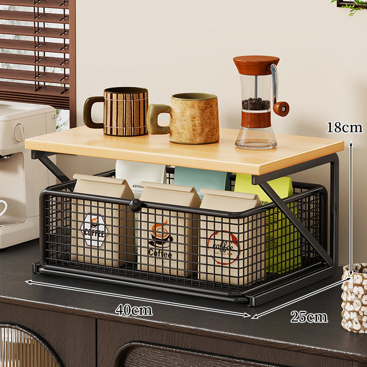 Countertop Coffee Station Organizer with Wooden Top and Metal Wire Basket