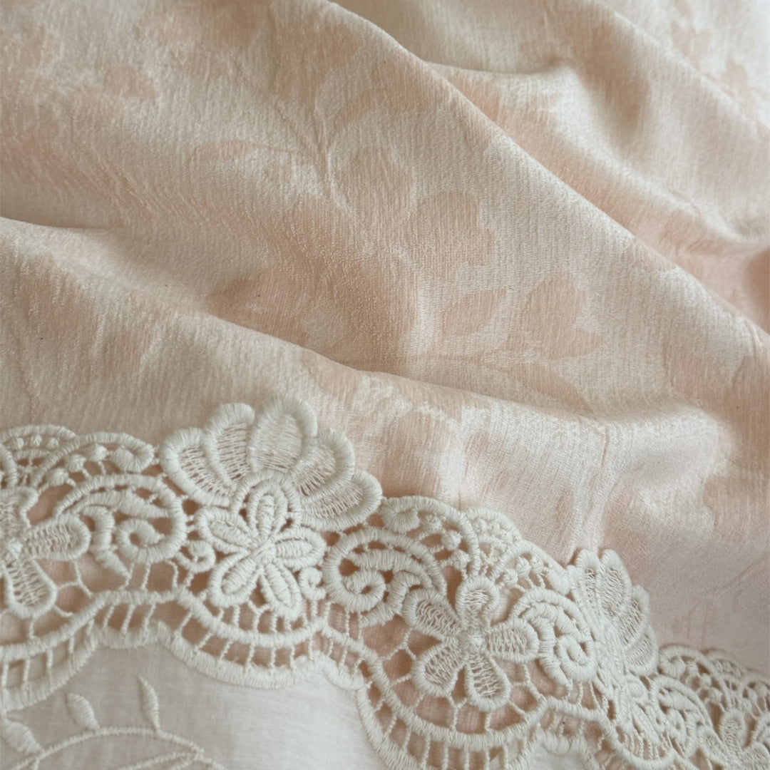 Hand-stitched Floral Jacquard Cotton Duvet Cover Set with Lace Border
