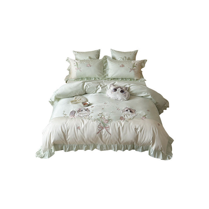 Ruffled Embroidered Cotton Sateen Cat-Motif Duvet Cover Set
