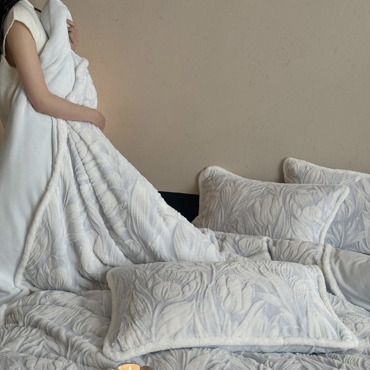 Quilted Embossed Velvet Floral Bedspread Set with Faux-Sherpa Trim