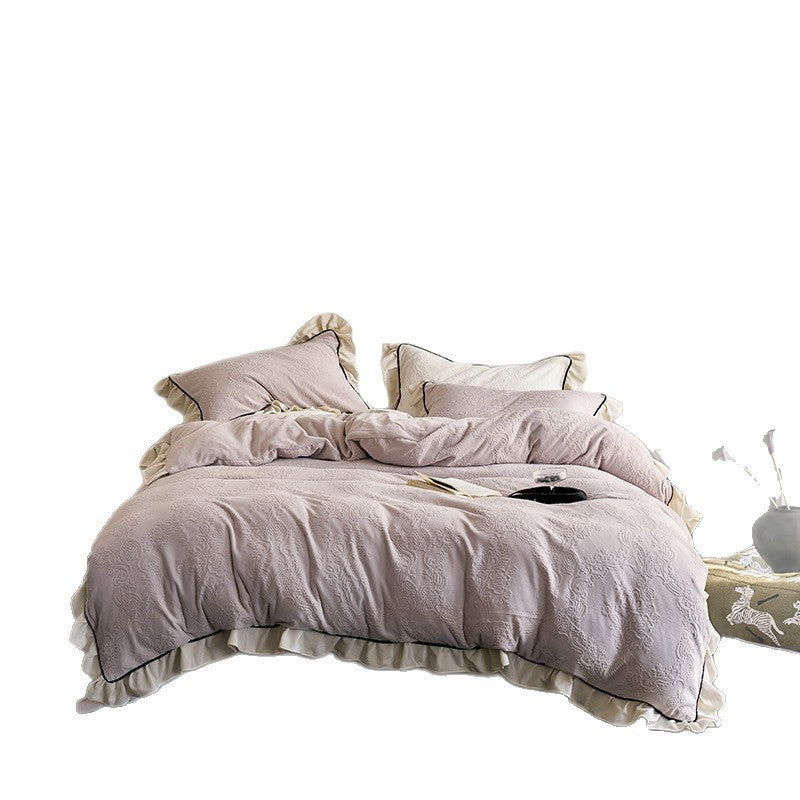 Elegant Damask Jacquard Embossed Ruffled Duvet Cover Set with Contrast Piped Edge & Decorative Shams