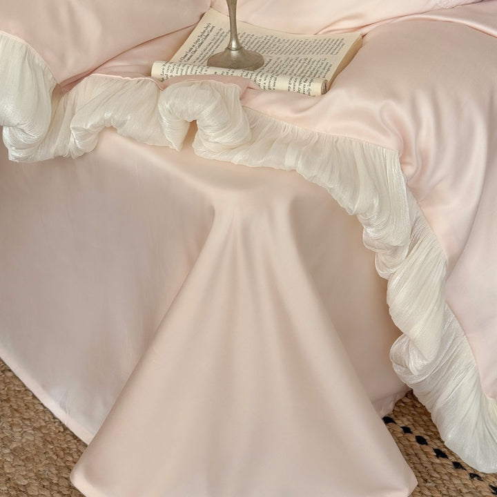 Romantic Vintage-Style Pleated Ruffle Duvet Cover Set with Floral Panel and Lace Inset