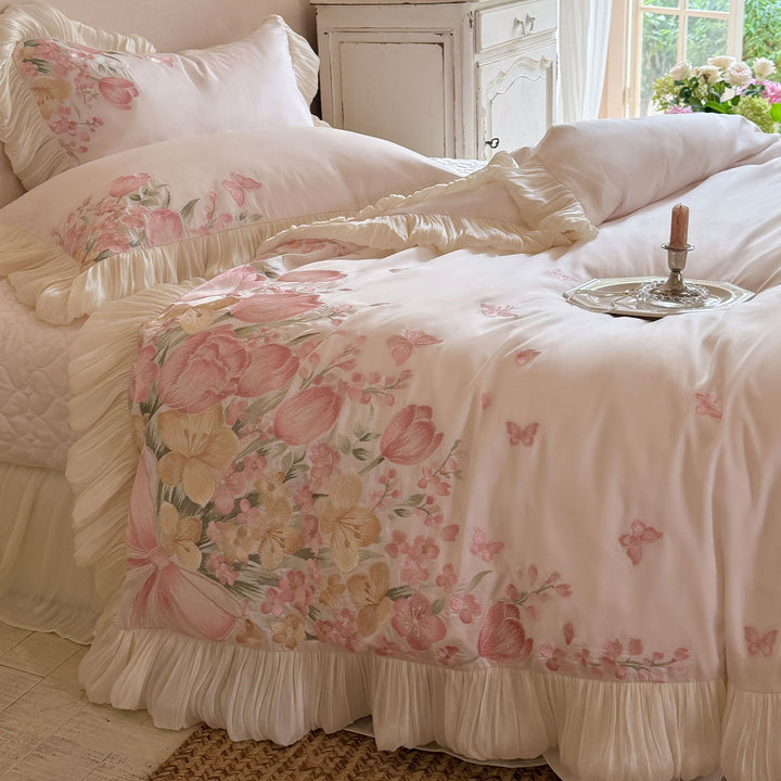 Ruffled Satin-Feel Floral Embroidered Duvet Cover Set with Pleated Ruffle Trim