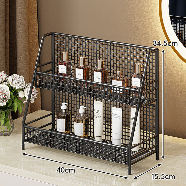 Two-Tier Metal Grid Countertop Vanity Organizer Shelf with Raised Front Lip