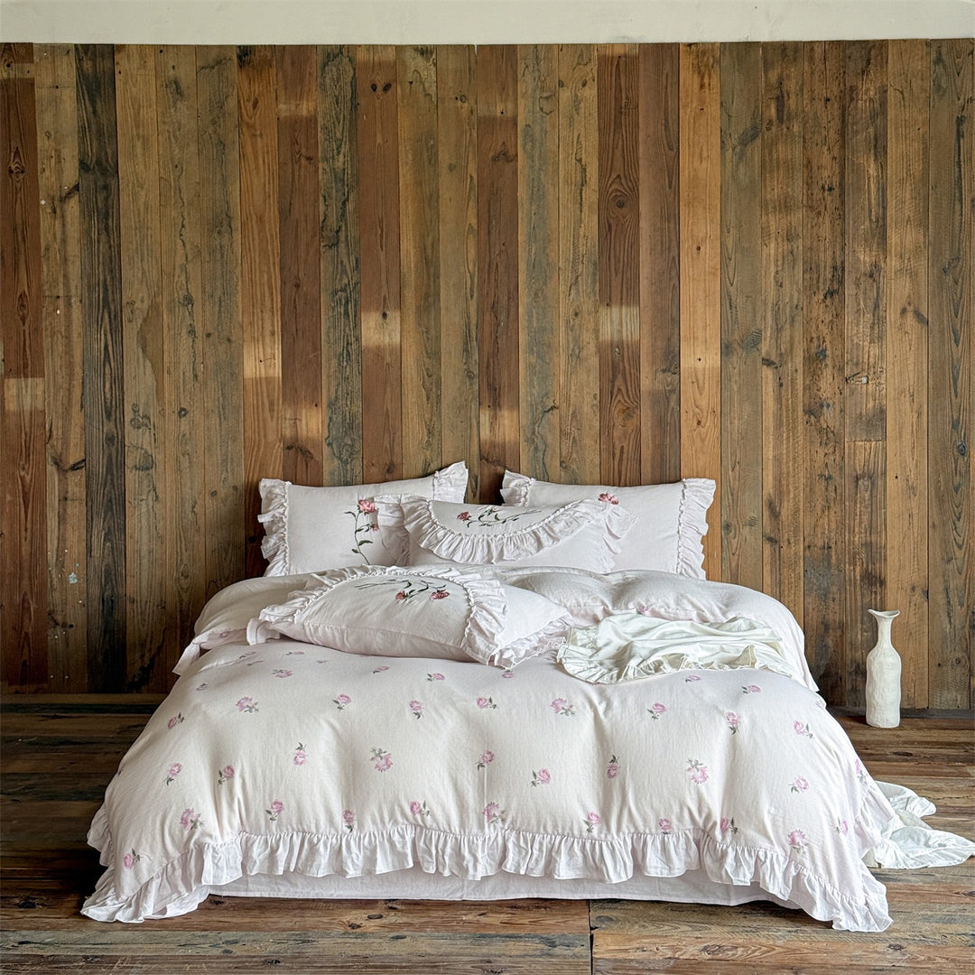 Romantic cotton bedding set with ruffle trim and rose embroidery