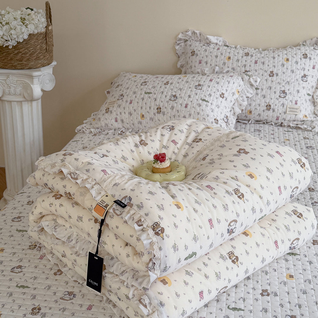 Quilted Floral Cotton Ruffle Duvet and Sham Set
