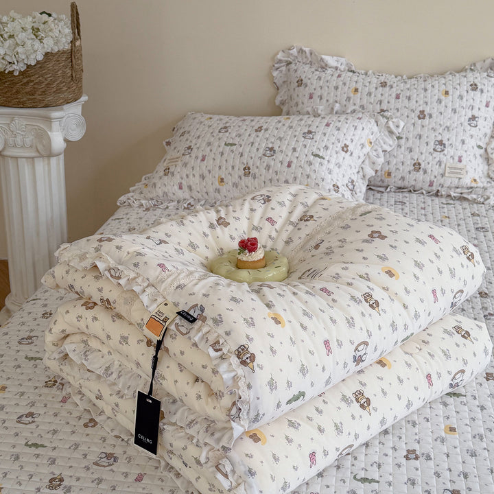Quilted Floral Cotton Ruffle Duvet and Sham Set