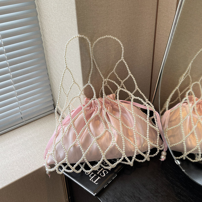 Pearl-Embellished Drawstring Evening Purse