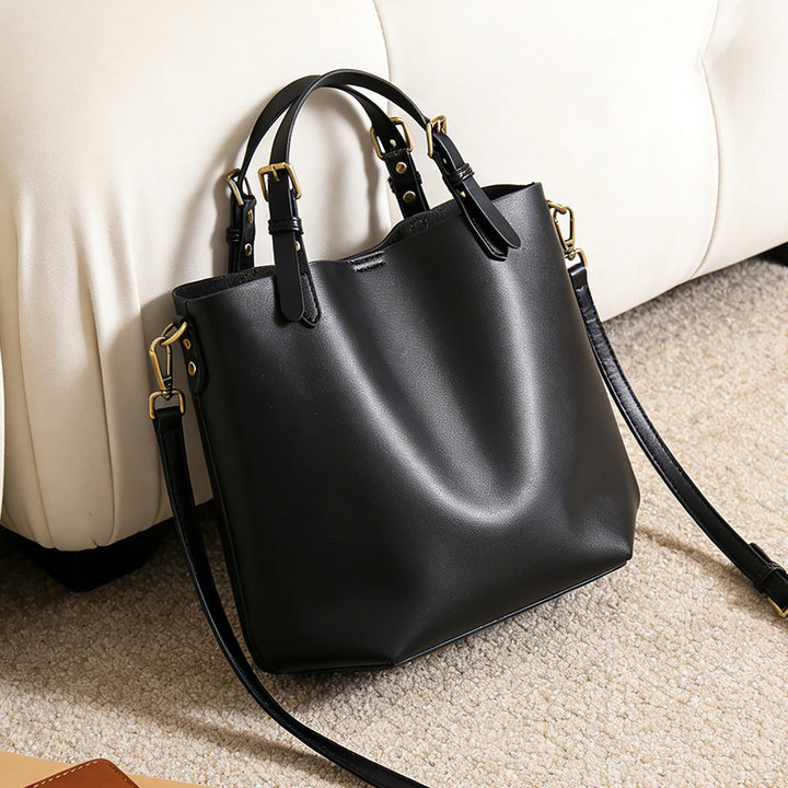 Structured Vegan Leather Bucket Tote with Adjustable Strap and Gold Hardware
