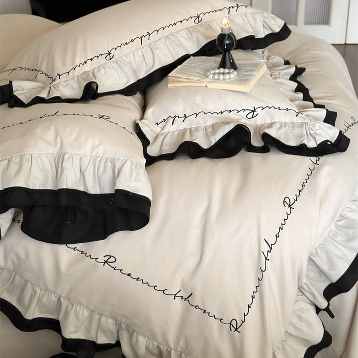 Ruffled Embroidered Duvet Cover Bedding Set