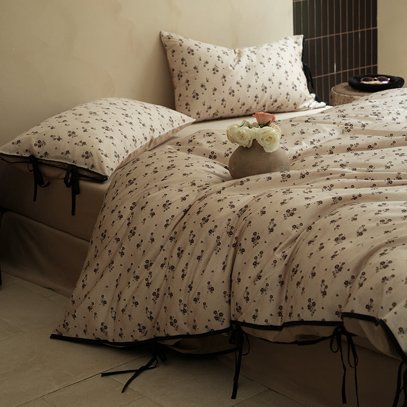 Reversible Cotton Sateen Duvet Cover Set with Mini Floral Print and Ribbon-Tie Pillow Shams