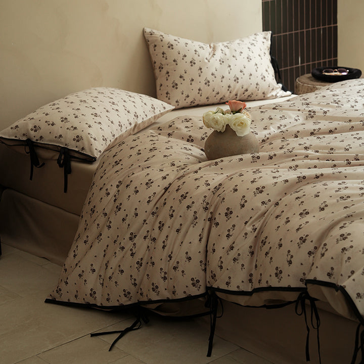 Reversible Cotton Sateen Duvet Cover Set with Mini Floral Print and Ribbon-Tie Pillow Shams