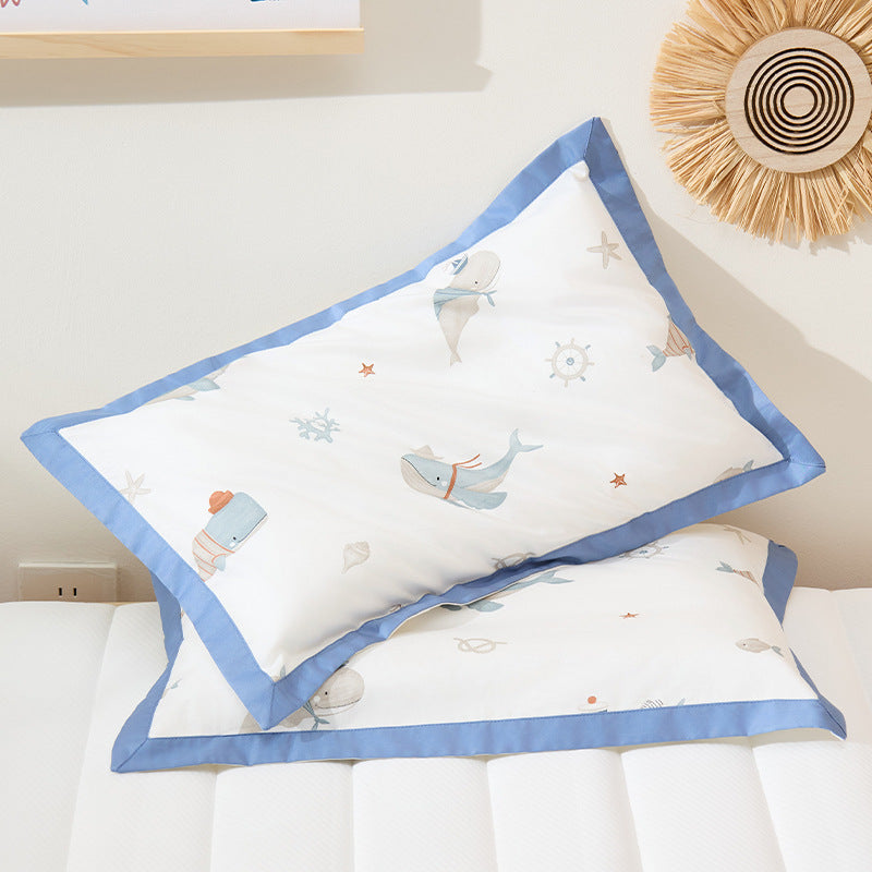 Kids Cotton Pillowcase Set Nautical Whale Print with Blue Contrast Border