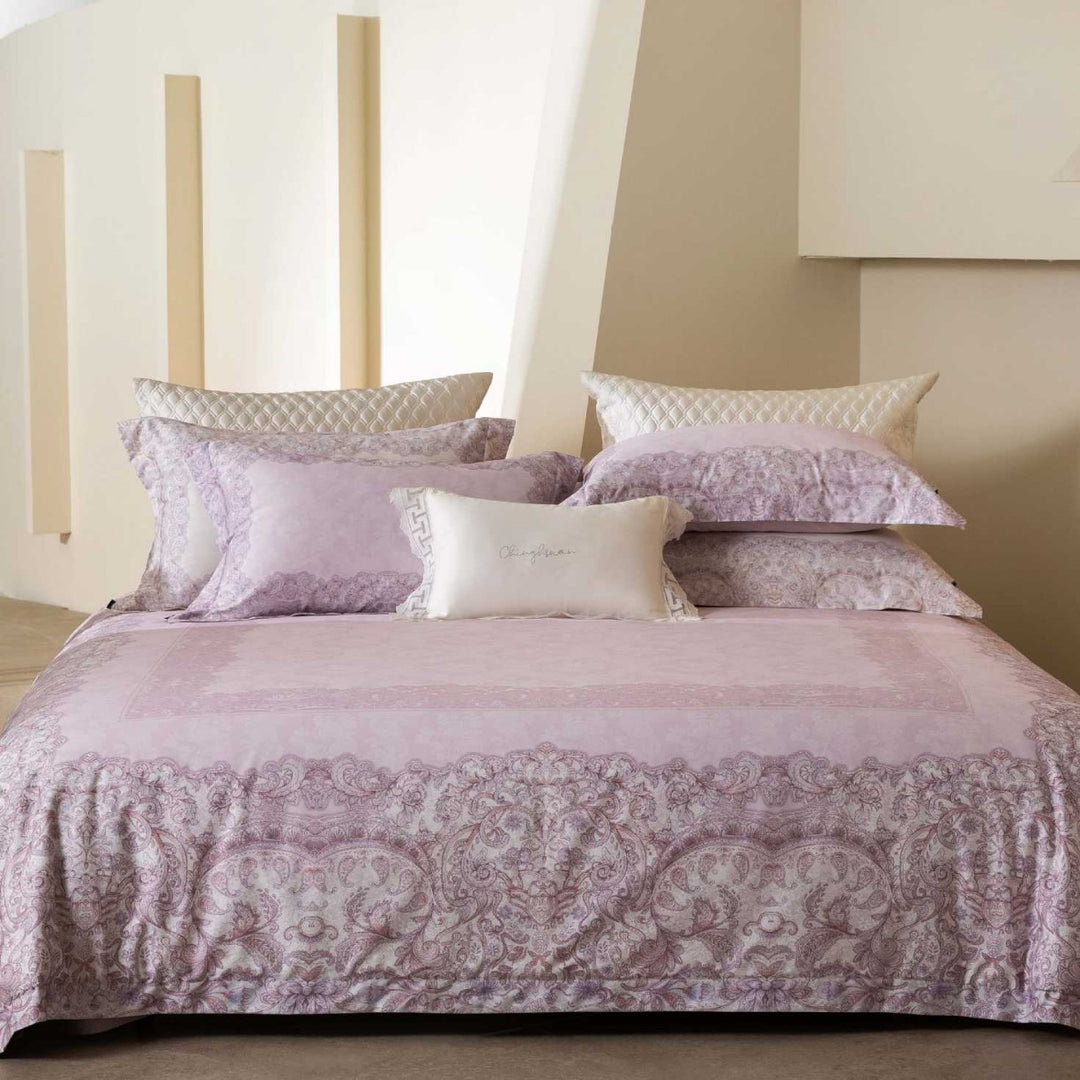 Botanical Printed Sateen Duvet Cover Set with Silk-Like Satin Hem and Decorative Shams