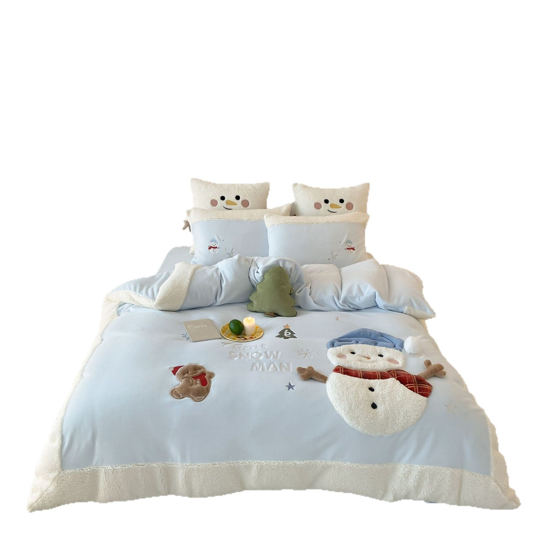 Children's Sherpa-Trim Snowman & Gingerbread Appliqué Duvet Cover Set