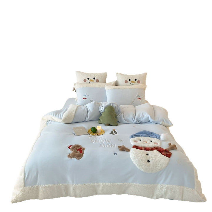 Children's Sherpa-Trim Snowman & Gingerbread Appliqué Duvet Cover Set
