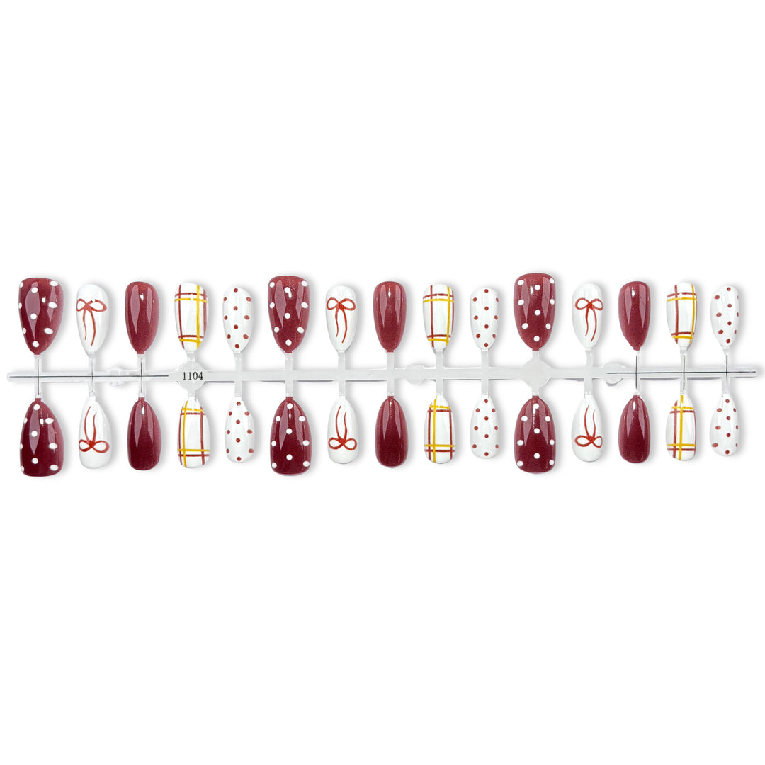 Decorative Press-On Nail Art Set with Bow and Polka Dot Design
