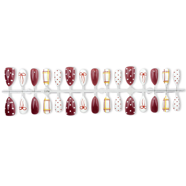 Decorative Press-On Nail Art Set with Bow and Polka Dot Design