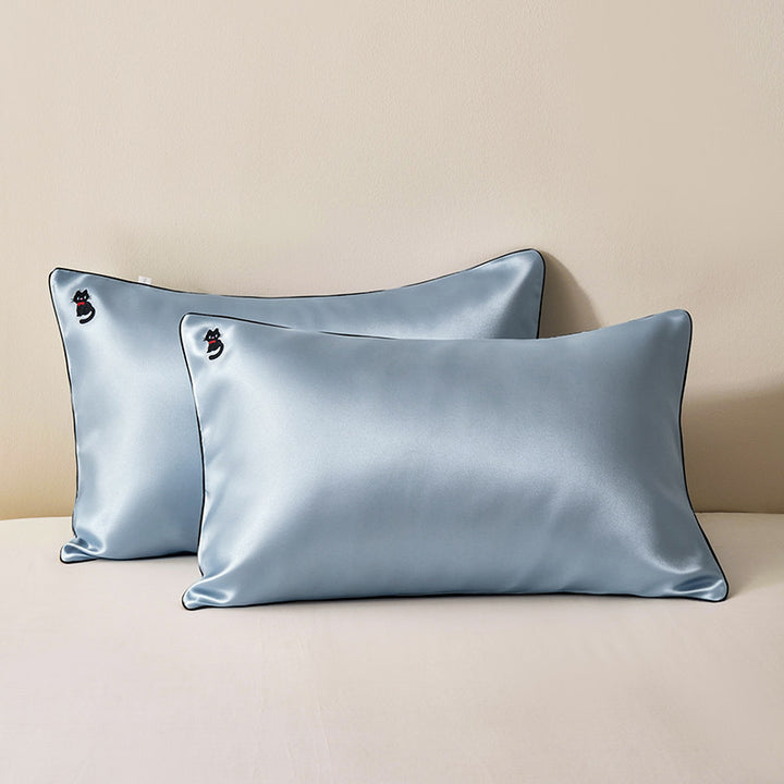 Silky Satin Pillowcase Pair with Contrasting Piping and Corner Cat Embroidery