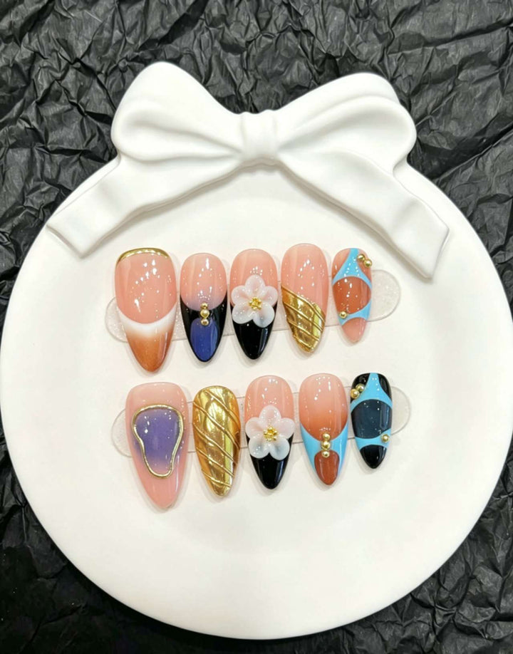 Decorative Press-On Nail Art Set with Floral and Geometric Designs
