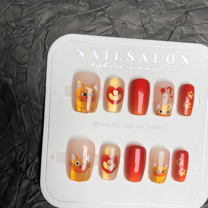 Whimsical Cat-Themed Press-On Nail Art Set