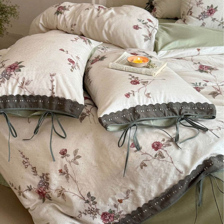 Floral Cotton-Linen Duvet Cover Set with Lace Trim and Ties
