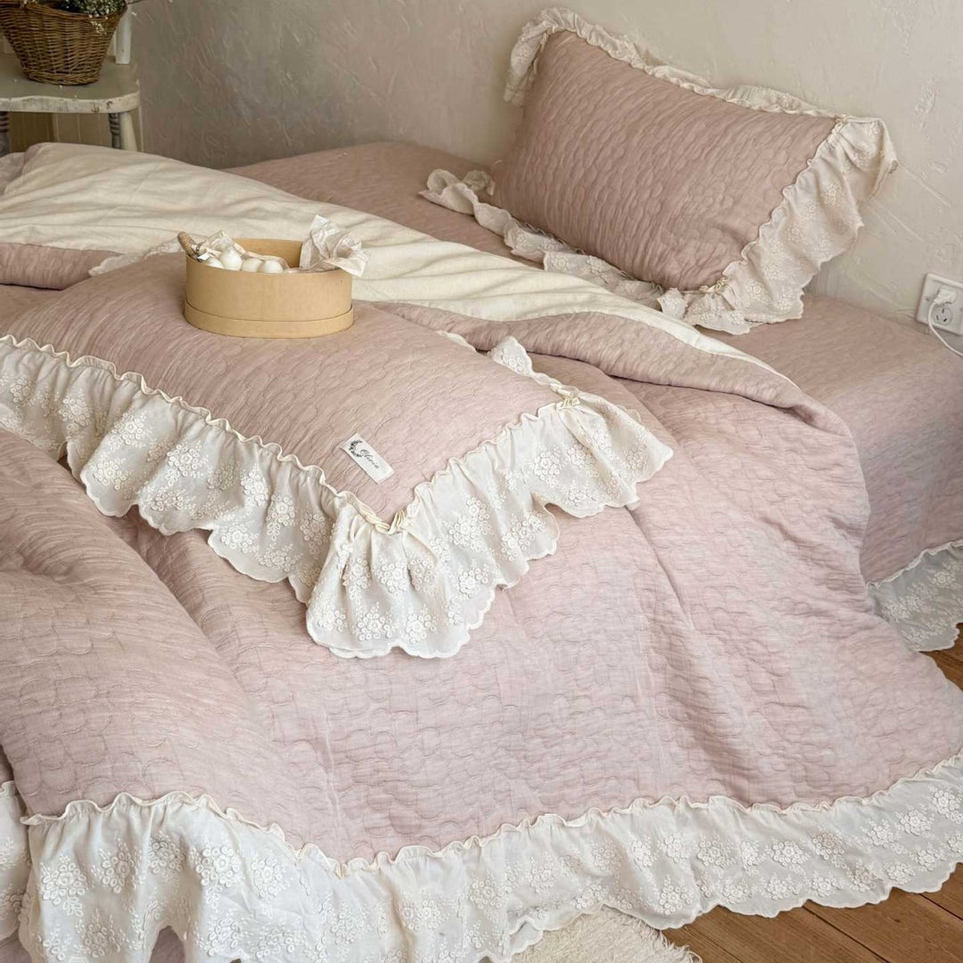 Quilted Ruffled Lace-Trim Bedspread & Reversible Duvet Cover Set with Matching Pillow Shams