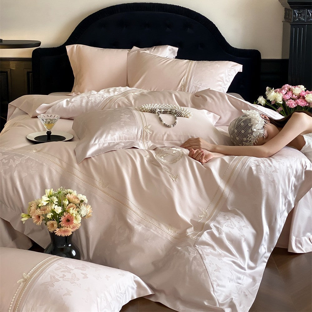 Elegant satin bedding set with pearl border, jacquard floral and butterfly pattern