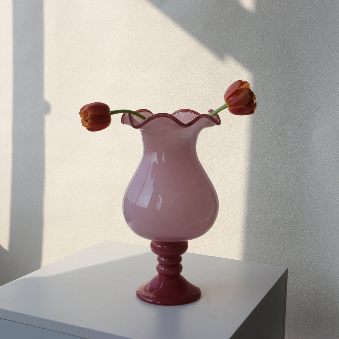 Decorative Ruffled Glass Table Vase with Turned Pedestal Stornfield
