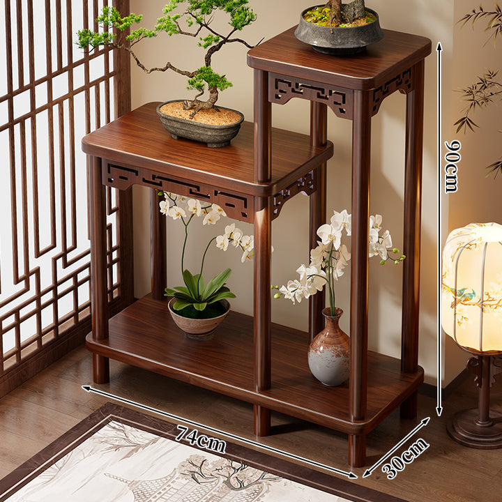 Oriental Solid Wood Tall Plant Display Pedestal Stand with Carved Apron