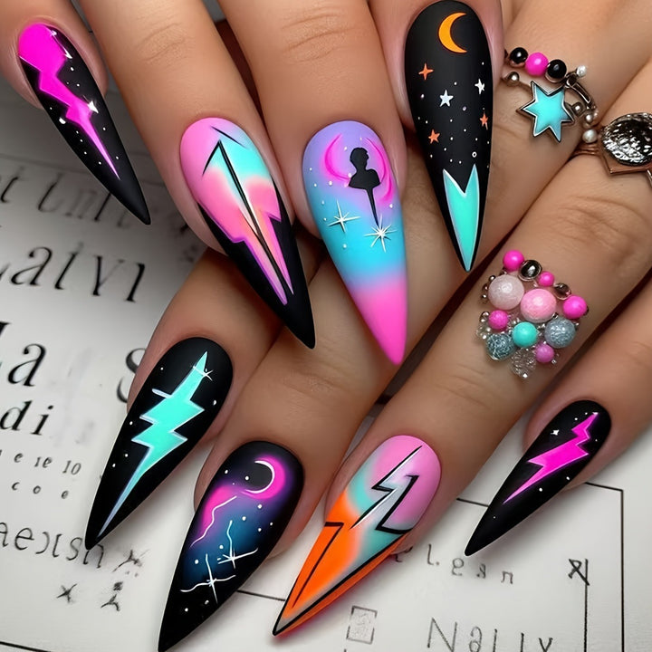 Creative artificial nails with neon light flash design Stornfield