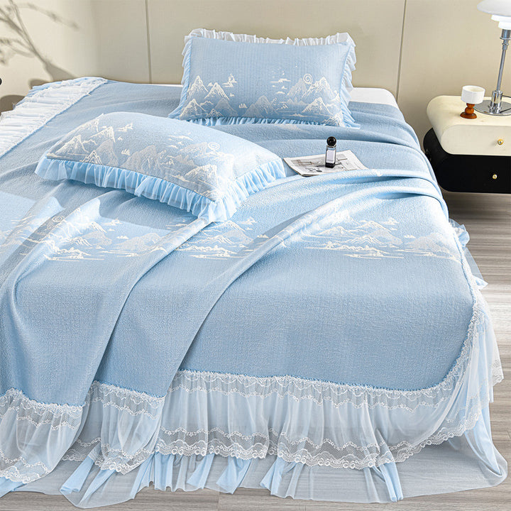 Elegant quilted bedspread with lace ruffle and mountain jacquard