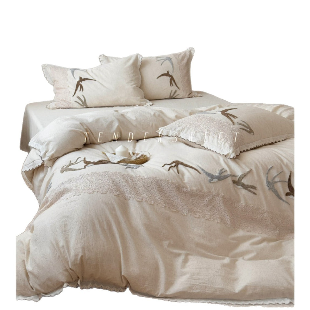 Embroidered Bird Linen-Blend Duvet Cover Set with Scalloped Lace Trim