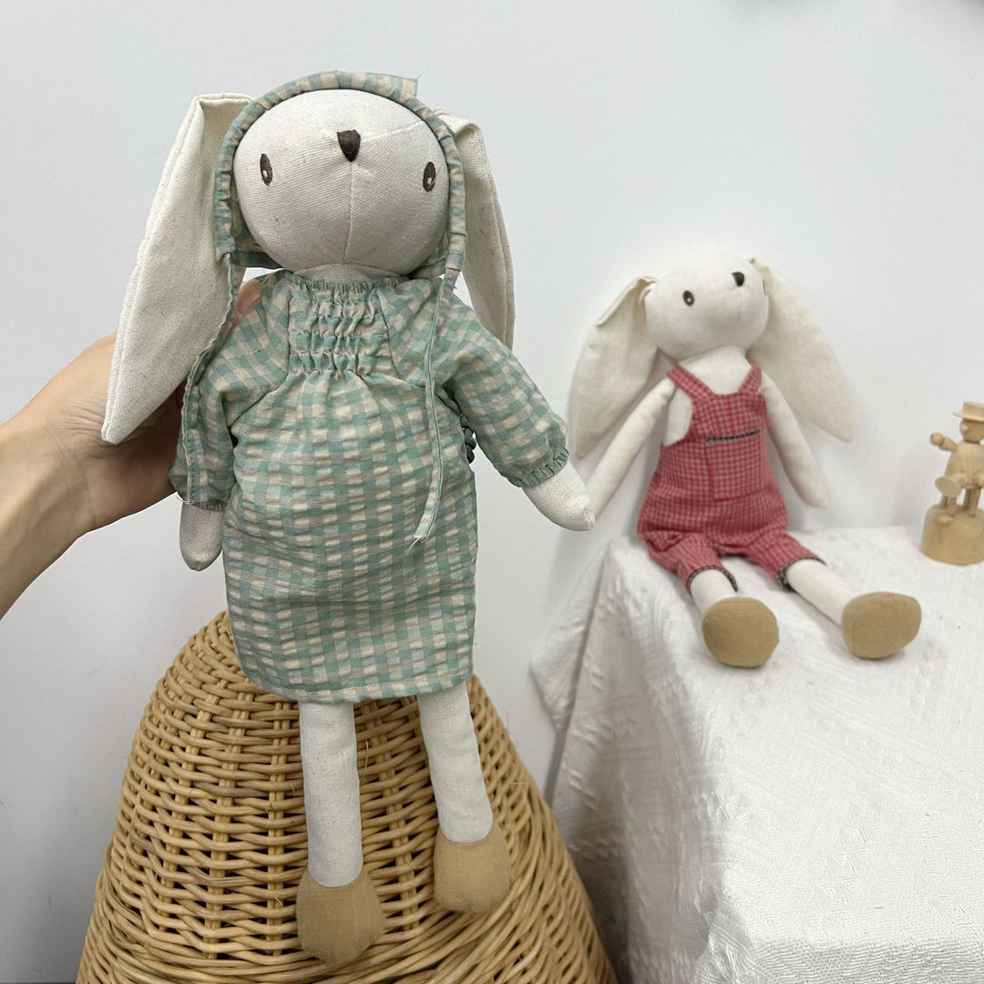 Handcrafted Linen Bunny Rag Doll with Long Ears and Gingham Dress