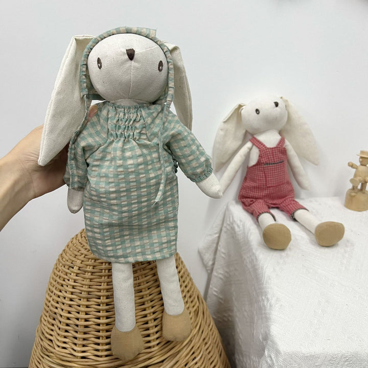 Handcrafted Linen Bunny Rag Doll with Long Ears and Gingham Dress