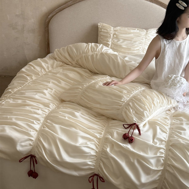 Luxurious Ruched Satin Duvet Cover Set with Drawstring Pillow Shams