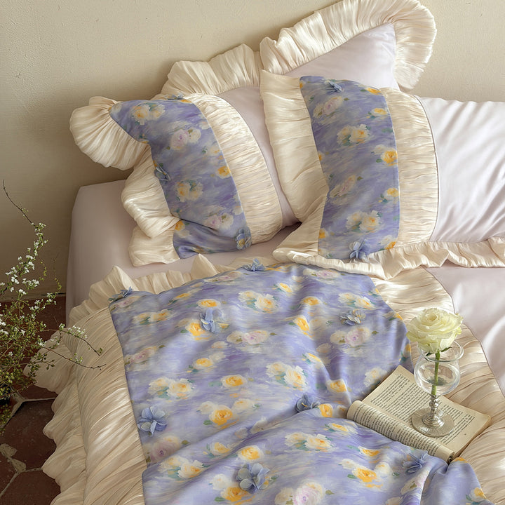 Floral duvet cover set made of cotton satin with pleated satin frill