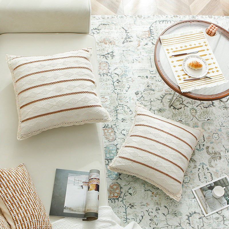 Decorative cushion cover made of cotton-linen with crocheted edge and textured stripes Stornfield