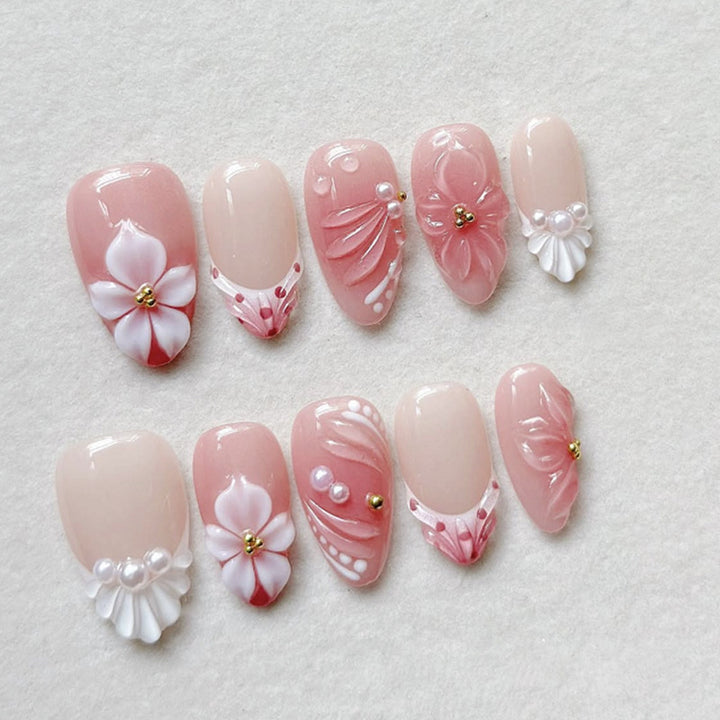 Artistic Floral Press-On Nail Set with 3D Accents Stornfield