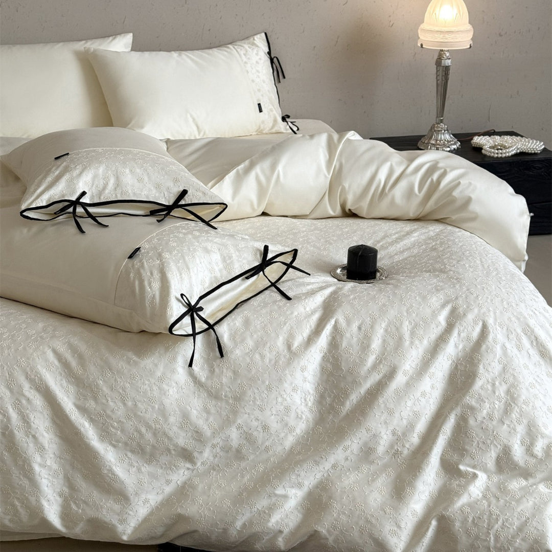 Embroidered Cotton-Sateen Duvet Cover Set with Contrast Tie Bows and Eyelet Floral Texture
