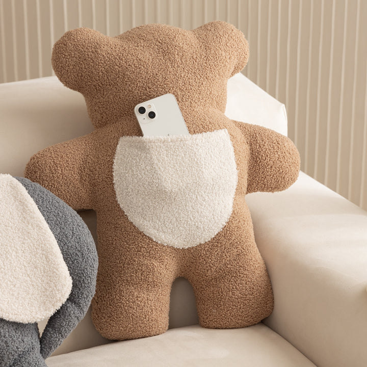 Cuddle teddy cushion made of boucle with ergonomic back support